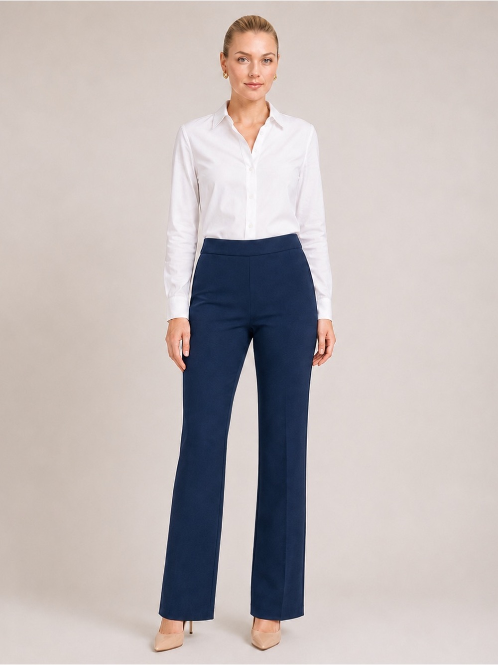 Alfred Sung Navy Pull-On Dress Pants Size 10 Straight Leg Stretch Work Trousers